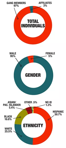 BY THE NUMBERS : Of the 697 individuals in SLO County entered in California’s statewide gang database, nearly all of them are male, and more than half are Hispanic. - INFORMATION PROIVDED BY CALIFORNIA STATE AUDITOR’S OFFICE