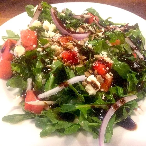 ROUND TWO: For my second course, I opted for the Milestone salad, with an arugula base heaped high with watermelon and feta cheese. - PHOTO BY RYAH COOLEY