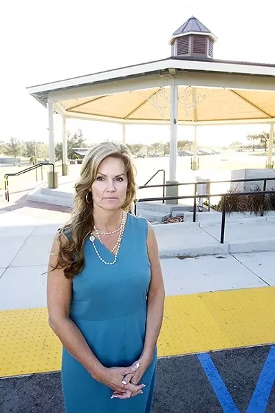 LEADING THE FIGHT: SLO County Supervisor Lynn Compton stands in front of Nipomo Community Park’s new gazebo/bandstand, which was built after a lawsuit against the park’s master plan concluded in 2016. Compton is spearheading Nipomo’s recent push to get back some of the public facility fees residents believe were unfairly allocated to other areas of the county. - PHOTO BY JAYSON MELLOM