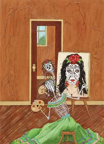 SO VAIN: Anita Moore-Wells’ “muertos” paintings usually involve dancing and music, but in Vanity a skeleton paints a self portrait that doesn’t mimic reality. - IMAGE COURTESY OF ANITA MOORE-WELLS