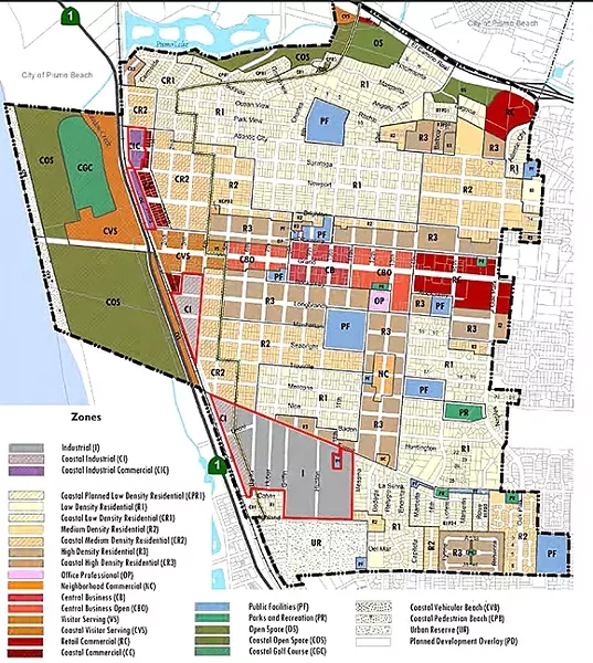 A NEW INDUSTRY: Grover Beach is one step closer to creating a special zone (outlined in red) for commercial medical marijuana businesses to operate in. - IMAGE COURTESY OF GROVER BEACH