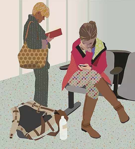 WAITING: In artist Julie Frankel’s piece, 'Airport Sunset,' one woman reads and another checks her phone while waiting at the LAX Airport in Los Angeles. - IMAGES BY JULIE FRANKEL