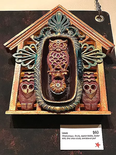 THE OWLS ARE NOT WHAT THEY SEEM: An owl drawer-pull is transformed into the piece 'Lows,' with a little help from a butter dish, some bike shoe cleats, a napkin holder, and other items. - PHOTO BY TREVER DIAS