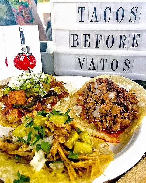 TACOS BEFORE VATOS: Hand-pressed Heirloom Catering corn tortillas caress tender carnitas and local produce picked at peak freshness. Get ’em while they’re hot at Toro Creek Brewing Co. each Tuesday or Tin City Cider on Thursdays and Saturdays. - PHOTO COURTESY OF HEIRLOOM CATERING