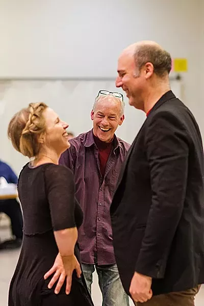 OUT OF THE CHAIR : Brad Carroll (center) wears many theatrical hats. He co-wrote Lend Me a Tenor the Musical and is now directing the show at PCPA, working closely with fellow resident artists Karin Hendricks (left) and Erik Stein (right). - PHOTO BY JAYSON MELLOM