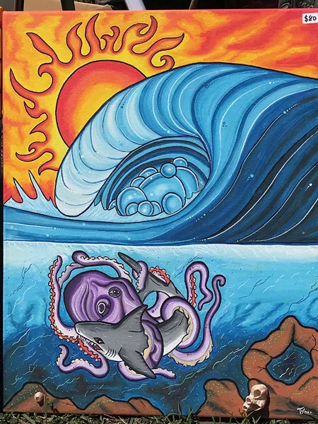 UNDERSEA BATTLE An octopus and shark go to battle in a painting by Tyler Carmos, complete with a real barnacle garnish.