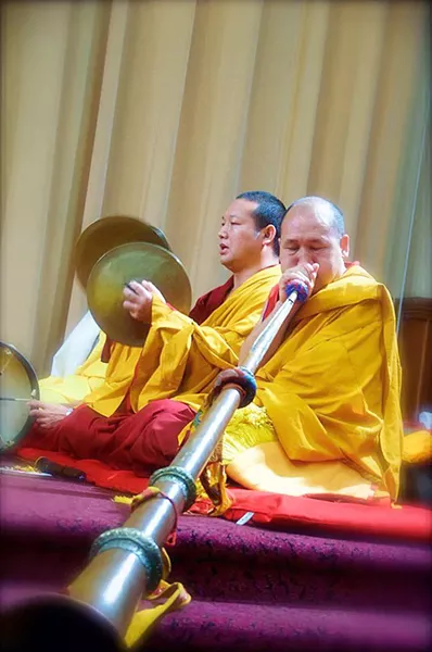 METICULOUS Watch the monks of the Drepung Gomang monastery craft a mandala design from grains of colored sand at the King David’s Masonic Lodge in SLO starting Aug. 15. - PHOTO COURTESY OF DREPUNG GOMANG SACRED ARTS TOUR