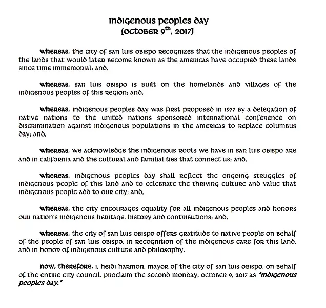 HONORING NATIVES San Luis Obispo will officially recognize Indigenous Peoples Day in place of Columbus Day beginning this Oct. 9. - IMAGE COURTESY OF CITY OF SLO