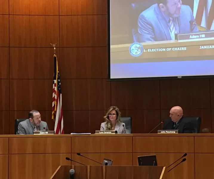NO CHAIR FOR YOU For the second straight year, SLO County Supervisor Adam Hill (left) was denied the board chairmanship by his colleagues on Jan. 9 while Supervisor John Peschong (right) was awarded the seat. - PHOTO BY PETER JOHNSON