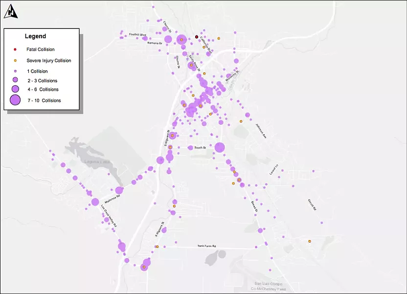 CRASH DATA San Luis Obispo's 2016 Traffic Safety Report shows that total traffic collisions in the city are at a historic low. - MAP COURTESY OF THE CITY OF SLO