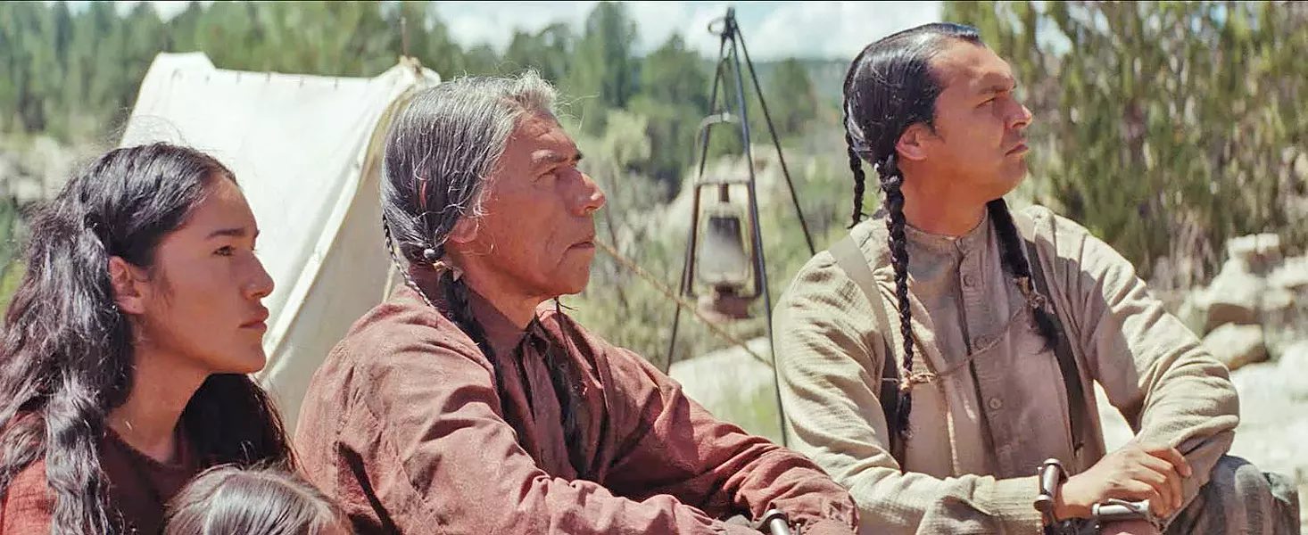 PROUD PEOPLE Elk Woman (Q'orinaka Kilcher, left) Chief Yellow Hawk (Wes Studi, center), and Black Hawk (Adam Beach, right) eventually form an alliance with their U.S. Army captors as they traverse lands filled with murderous Comanche warriors and ruthless fur trappers. - PHOTO COURTESY OF GRISBI PRODUCTIONS