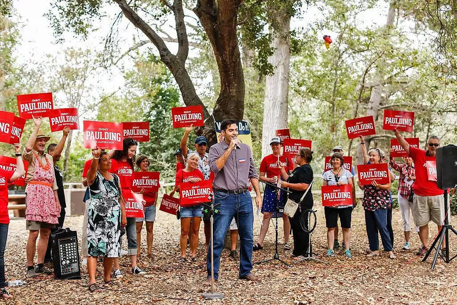 CHALLENGER Arroyo Grande resident Jimmy Paulding addresses a crowd at a 2017 Labor Day Picnic. Paulding is challenging incumbent SLO County 4th District Supervisor Lynn Compton in 2018. - PHOTO COURTESY OF THE SLO COUNTY DEMOCRATIC PARTY