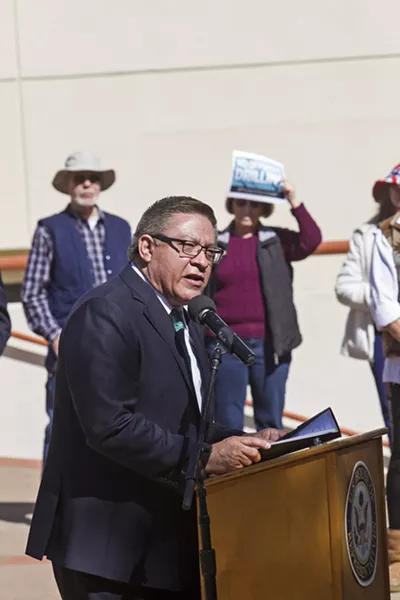 RESIST U.S. Rep. Salud Carbajal leads a press conference in San Luis Obispo on Feb. 13 against the Trump administration's proposal to open up federal waters off the West Coast to oil and gas leases. - PHOTO BY JAYSON MELLOM