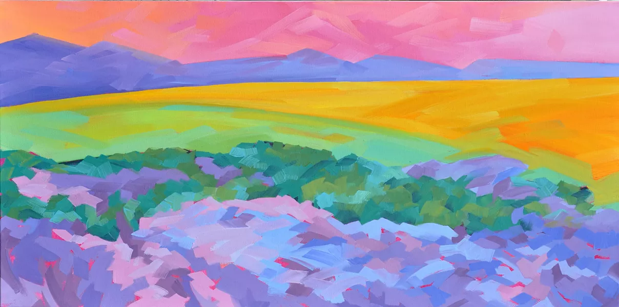 SUPER BLOOM Anne Laddon's oil painting, Carrizo Spring, captures the vivid colors of the wildflowers in bloom at the Carrizo Plains last year after the Central Coast received more than its normal share of rainfall. - IMAGE COURTESY OF ANNE LADDON