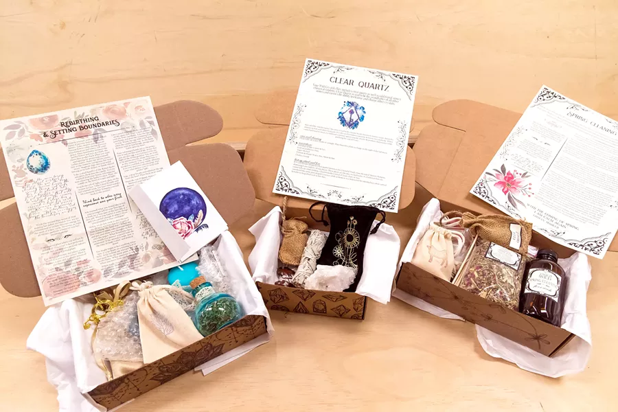 SNAIL MAIL Boxes filled with crystals, herbs, spells, and more are shipped out to 6,000 subscribers each month from Tamed Wild Apothecary's warehouse in Atascadero as well as their international fulfillment center in the United Kingdom. - PHOTO BY JAYSON MELLOM