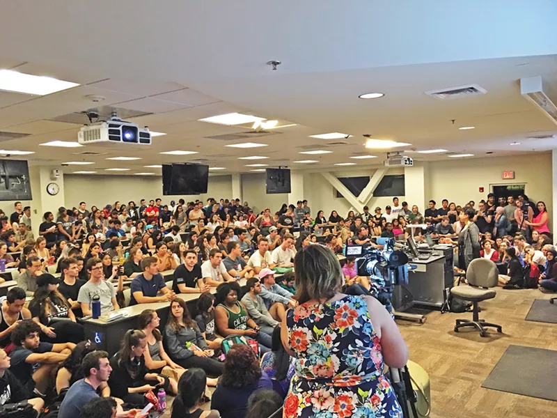 UNITED FOR CHANGE Hundreds of Cal Poly students gathered for an emergency town hall meeting on April 9 after photos surfaced over the weekend of a Lambda Chi Alpha fraternity member in blackface. - PHOTO BY PETER JOHNSON