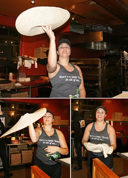 THAT PIZZA, DOUGH Woodstock's Pizza employee Anaïs Fay flings pizza dough into the air with alarming accuracy, even while most of SLO is tucked into bed. - PHOTOS BY HAYLEY THOMAS CAIN