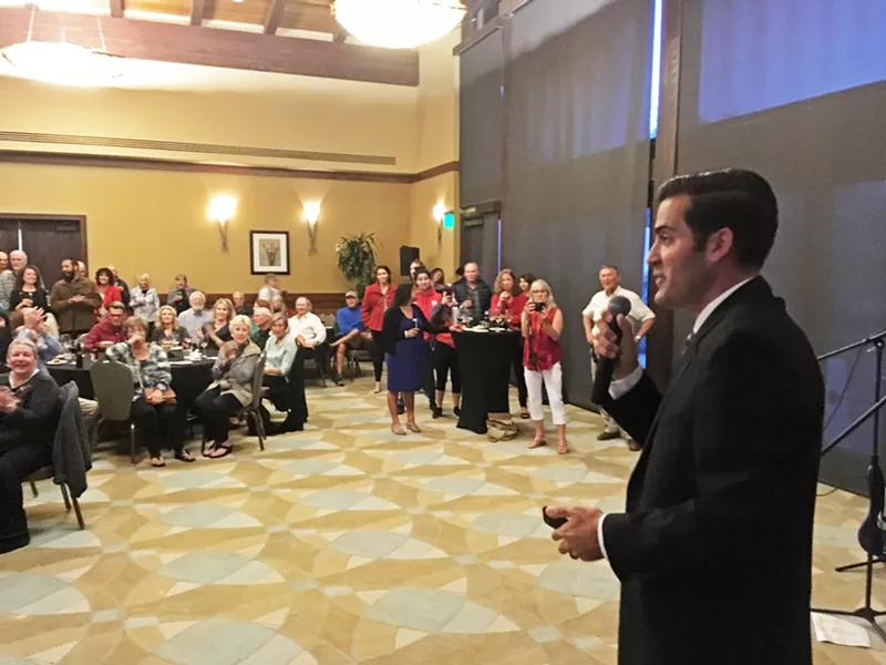 VIRTUAL TIE Fourth District SLO County Supervisor candidate Jimmy Paulding speaks to his supporters at an election night party in Nipomo. The race between Paulding and incumbent Supervisor Lynn Compton was too close to call on June 6. - PHOTO BY PETER JOHNSON