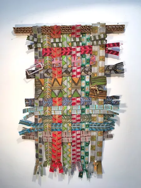UPCYCLED Rather than buy new materials for art projects, SLO artist M'Lou Mayo is trying to use what she already has, like this trove of old zippers that turned into the piece Zipper di Duda. - IMAGE COURTESY OF M'LOU MAYO
