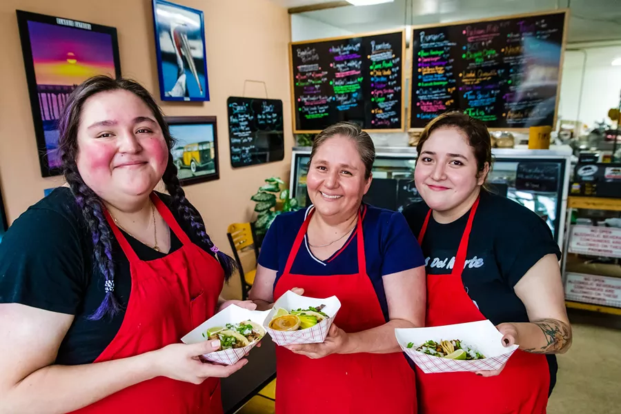 FAMILY RECIPES (From left to right) Viridiana, Matilde, and Jossi Bustos are the women behind the Cayucos Deli's homemade tacos. - PHOTO BY JAYSON MELLOM