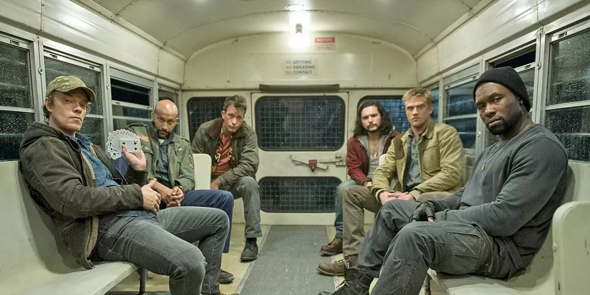 CUCKOO'S NEST A group of mentally disturbed soldiers—(right to left) Lynch (Alfie Allen), Coyle (Keegan-Michael Key), Baxley (Thomas Jane), Nettles (Augusto Aguilera), Quinn (Boyd Holbrook), and Nebraska (Trevante Rhodes)—take on an alien trophy hunter, in the illogical sequel, The Predator. - PHOTO COURTESY OF TWENTIETH CENTURY FOX