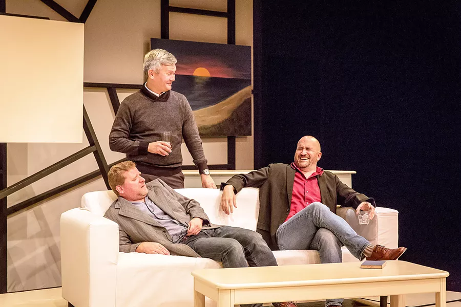 IN DISPUTE Old disputes and hidden hurts are unearthed when friends Yvan (Timothy J. Cox), Serge (Lawrence Lesher), and Marc (Travis Mitchell) fight over whether or not an all-white painting qualifies as art. - PHOTO COURTESY OF THE SLO REPERTORY THEATRE