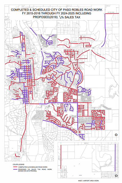 REPAIRS NEEDED Paso Robles voters rejected Measure K, a sales tax increase that would have gone towards fixing roads (highlighted in purple). - PHOTO COURTESY OF THE CITY OF PASO ROBLES