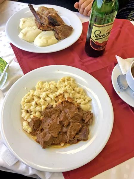TRAIN FOOD CAN BE GREAT News flash! Train food can be killer. Flavor writer Hayley Thomas Cain's favorite meal from a recent trip to Prague was (surprisingly) served on the train from Berlin to the ancient city. Dumplings and goulash plus delicious Czech beer for under $10? Sold. - PHOTO BY HAYLEY THOMAS CAIN