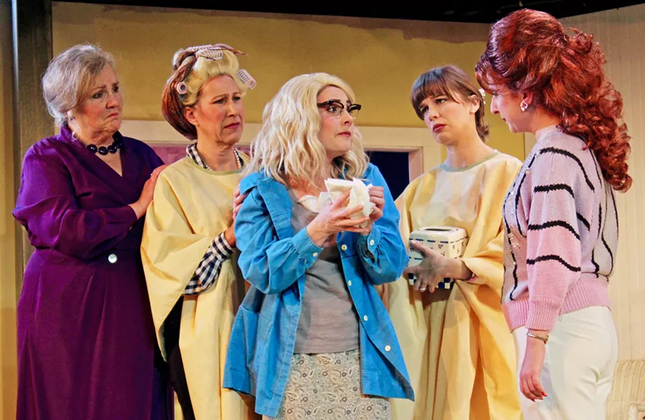 MORE THAN A SALON While the entirety of Steel Magnolias takes place in a beauty parlor, the heart of the story is the friendships between, left to right, Clairee (Patty Thayer), M'Lynn (Suzy Newman), Annelle (Katie Worley-Beck), Shelby (Rebecca Tucker), and Truvy (Eleise Moore). - PHOTOS COURTESY OF THE GREAT AMERICAN MELODRAMA