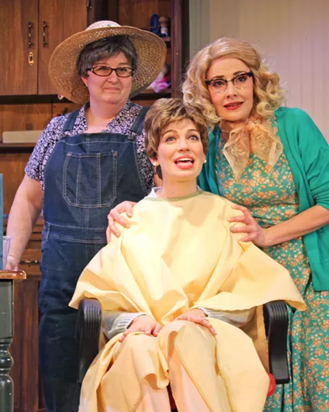 CHANGES After having her first child and dealing with lifelong health issues, Shelby (Rebecca Tucker, center) decides to cut nearly all of her hair off, which shocks Ouiser (Bonner Church, left) and Annelle (Katie Worley-Beck, right). - PHOTOS COURTESY OF THE GREAT AMERICAN MELODRAMA