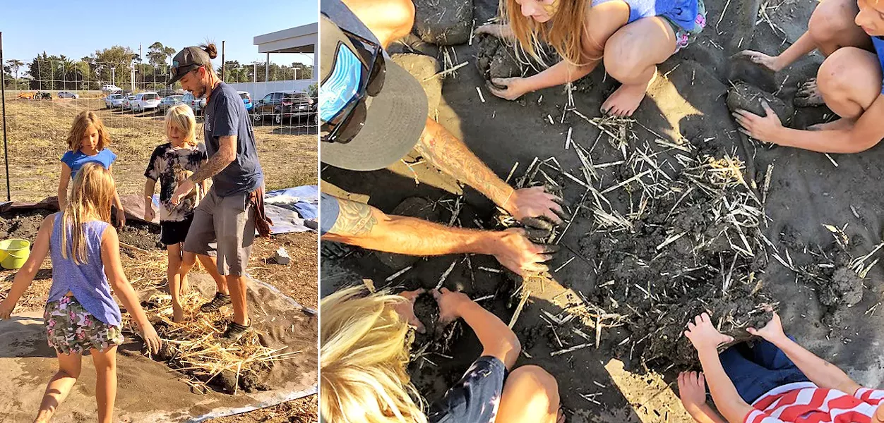ALL HANDS ON DECK During workshops in November, Chad Franco taught kids the art of cob, a form of natural building. It's labor intensive and workshop participants jumped right in, mixing clay, sand, straw, and water with their hands and feet to get the right consistency. - PHOTOS COURTESY OF CHAD FRANCO