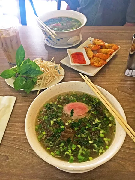 SOMETIMES YOU GET WHATCHA NEED Among nine different kinds of Vietnamese phơ on the menu, pictured is the combination phơ: steak, brisket, and beef balls garnished with bean sprouts and Thai basil, and the steak phơ. From the "Munchies" section of the menu: crispy and delicious shrimp and pork fried dumplings. - PHOTOS BY BETH GIUFFRE