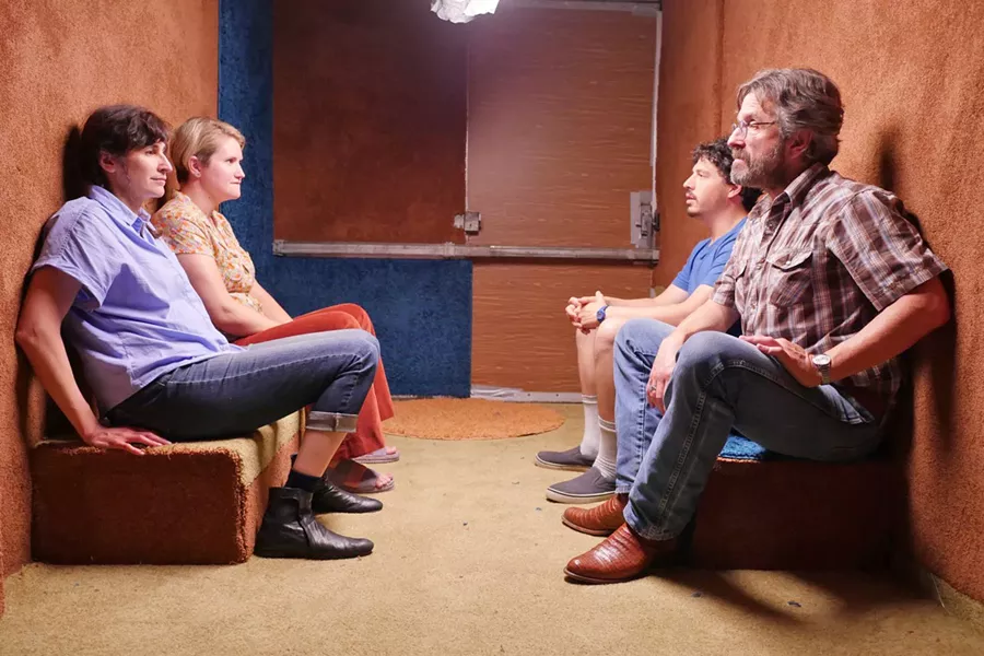WHO DO YOU TRUST? (Left to right) Mary (Michaela Watkins), Cynthia (Jillian Bell), Nathaniel (Jon Bass), and Mel (Marc Maron) embark on a journey to sell an antique sword that purportedly proves the South won the Civil War, in Sword of Trust. - PHOTO COURTESY OF FORAGER FILMS