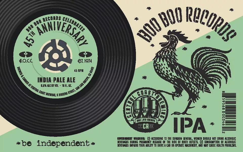 CHEERS TO BOO BOO'S Central Coast Brewing is offering a special 8.6-percent alcohol IPA to celebrate Boo Boo Records' 45th anniversary. - PHOTO COURTESY OF BOO BOO RECORDS AND CENTRAL COAST BREWING