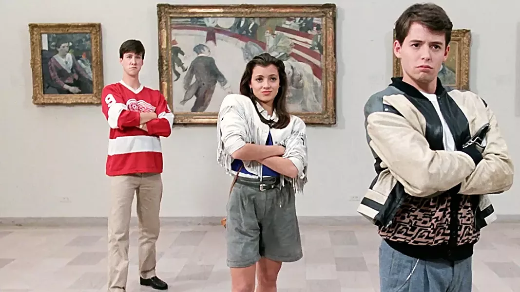 DANKE SCHOEN High schooler Ferris Bueller (Matthew Broderick, right), with girlfriend Sloane (Mia Sara, center) and dour bestie Cameron (Alan Ruck, left) is determined to skip school and have a great day, in Ferris Bueller's Day Off, screening Aug. 23, in the Fremont Theater. - PHOTO COURTESY OF PARAMOUNT PICTURES