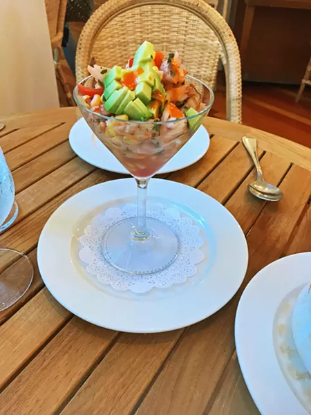 CHEERS Best served in a martini glass, the marinated shrimp ceviche is made with fresh heirloom tomatoes, cucumbers, cilantro, avocado, corn, serrano chili, and Clamato juice. - PHOTOS BY BETH GIUFFRE
