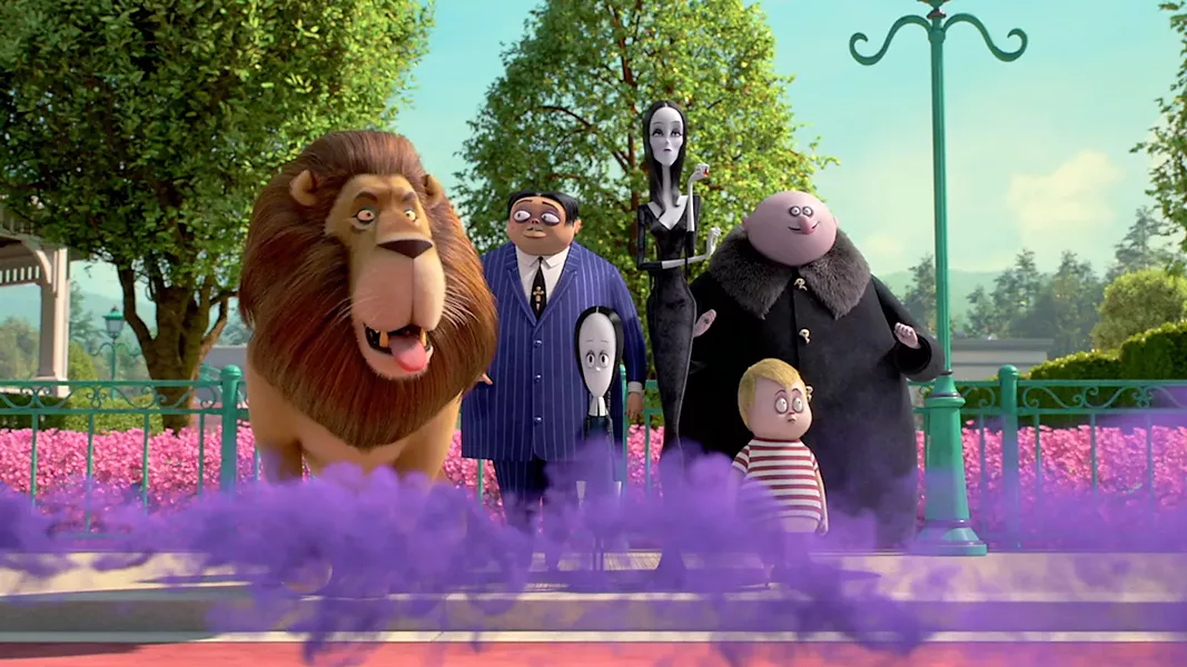 NOT CREEPY AND KOOKY ENOUGH (Left to right) Kitty Kat, Gomez (voiced by Oscar Isaac), Wednesday (voiced by Chloë Grace Moretz), Morticia (voiced by Charlize Theron), Pugsley (voiced by Finn Wolfhard), and Uncle Fester (voiced by Nick Kroll) watch as their relatives arrive for a celebration. - PHOTOS COURTESY OF METRO-GOLDWYN-MAYER