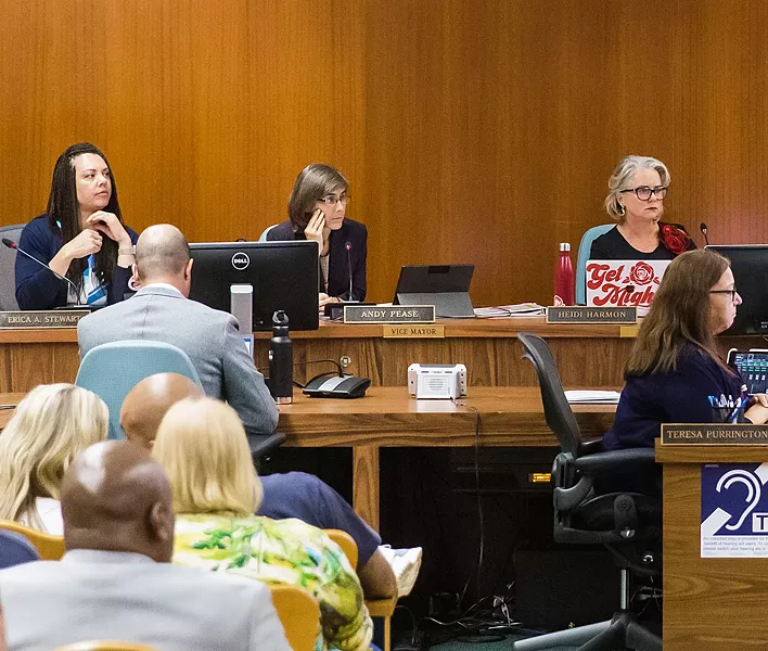 IN LIMBO SLO's all-electric building code is on hold pending an investigation into conflict-of-interest allegations against SLO Vice Mayor Andy Pease (center). - FILE PHOTO BY JAYSON MELLOM