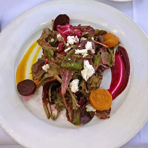BEET SEASON Novo owner Robin Covey, who opened Robin's in Cambria in 1985 (the area's first farm-to-table restaurant), personally selects everything seasonal for Novo's menu from the downtown SLO farmers' market. Right now the beets are fresh and flavor packed. Chef Avila recommends the beet salad for your first course. Garnished with a lovely two-colored beet purée and topped with Central Coast Creamery goat cheese, it will feed your body and soul. - PHOTOS BY BETH GIUFFRE