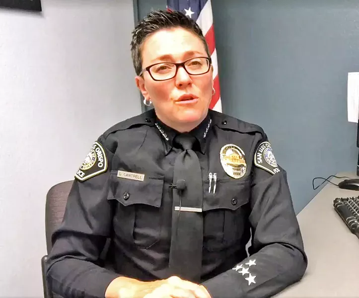 IN THE HOT SEAT SLO Police Chief Deanna Cantrell apologizes to the city in a video for leaving her firearm behind in a restaurant bathroom. - SCREENSHOT COURTESY OF THE SLO POLICE DEPARTMENT