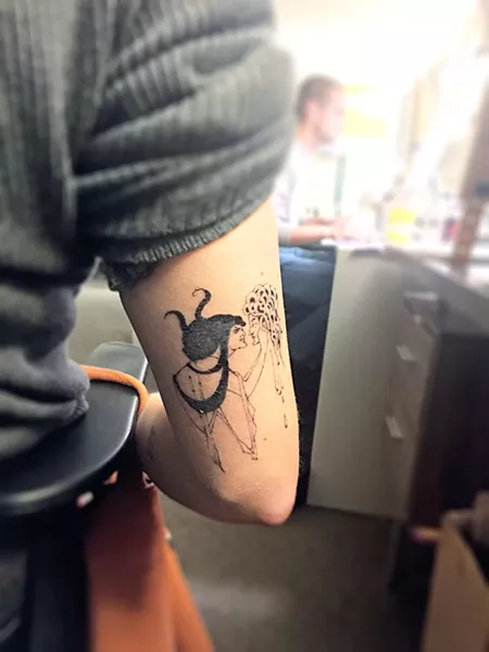 NO RAGRETS Based on an illustration by Aubrey Beardsley, my new tattoo was hand-poked with love at Come What May in LA. - PHOTOS BY KASEY BUBNASH