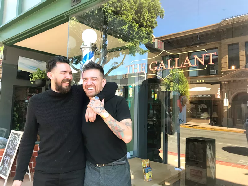 OWNERS AND BROTHERS Though both brothers own Kin Coffee Bar, Julian Contreras (left) runs the coffee house next door to his brother Christian Contreras' (right) barber shop. So if you see these two wrestling over the Higuera sidewalk, don't panic—they're great friends. - PHOTO COURTESY OF JULIAN CONTRERAS
