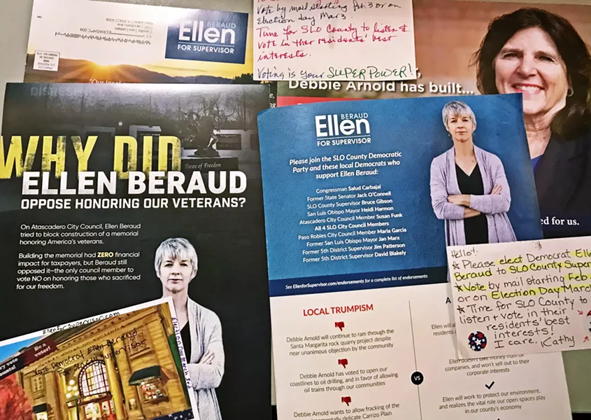 MAILERS GALORE The race for 5th District San Luis Obispo County supervisor is in full swing, as numerous mailers and letters hit mailboxes ahead of the March 3 primary. - PHOTO BY PETER JOHNSON