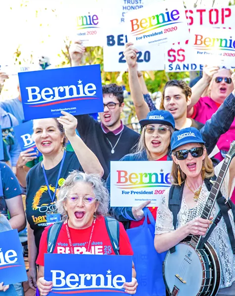 ENERGIZED About 75 locals showed up to a "Bernie Barnstorm" on Feb. 16 in downtown SLO to get out of the vote for presidential candidate Sen. Bernie Sanders (D-Vermont) ahead of March 3's primary election. - PHOTOS BY JAYSON MELLOM