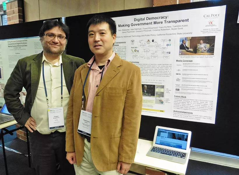 SMART JOURNALISM Foaad Khosmood (left) and Toshihiro Kuboi are leaders at the Cal Poly Institute for Advanced Technology and Public Policy. - PHOTO COURTESY OF FOAAD KHOSMOOD