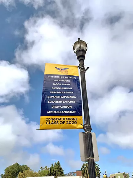 CONGRATS GRADS Arroyo Grande Mayor Caren Ray Russom and a group of donors, graphic designers, and school photographers created and put up nearly 50 customized banners celebrating Arroyo Grande High School's graduating class of 2020 throughout town on May 18. - PHOTO COURTESY OF CAREN RAY RUSSOM