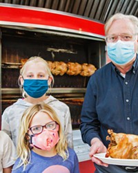 Tasty To-Go SLO Provisions owner Steve Bland and his grandkids show off rotisserie chicken&mdash;a lemon and herb-brined Mary's free range chicken slow cooked in the French rotisserie&mdash;one of many delicious items on the Best Takeout Menu around.