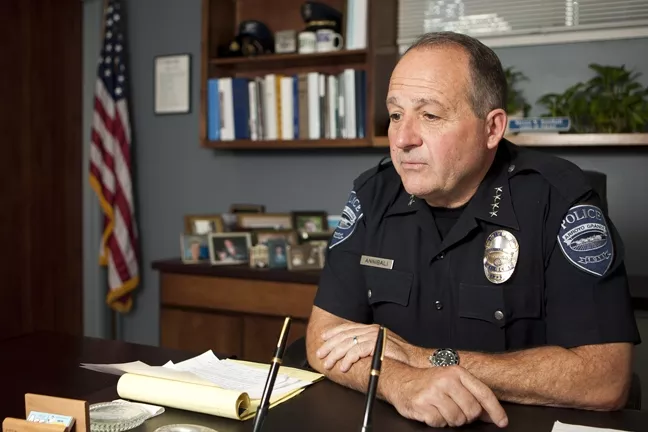 ‘UH OH’ : A driveway full of mulch prompted Arroyo Grande Police Chief Steve Annibali to park on the street, where a thief smashed his car window and stole a pouch holding the chief’s gun and badge. - FILE PHOTO BY STEVE E. MILLER