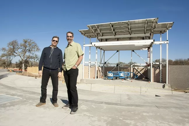 MEN OF VISION: Lee A. Smith (left), owner of Prescient Entertainment, will be the exclusive talent booker for the new Vino Robles Amphitheater, and venue general manager Tim Reed will oversee construction and operation of the facility. - PHOTOS BY STEVE E. MILLER