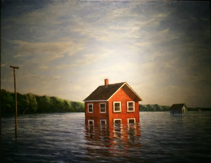 SYMBOLISM : In Common Problems, artist Mark Beck could be referring to underwater mortgages, but more likely this painting is symbolic of Americans’ shared interconnectivity—what befalls the least of us should concern all of us. - PHOTO BY GLEN STARKEY